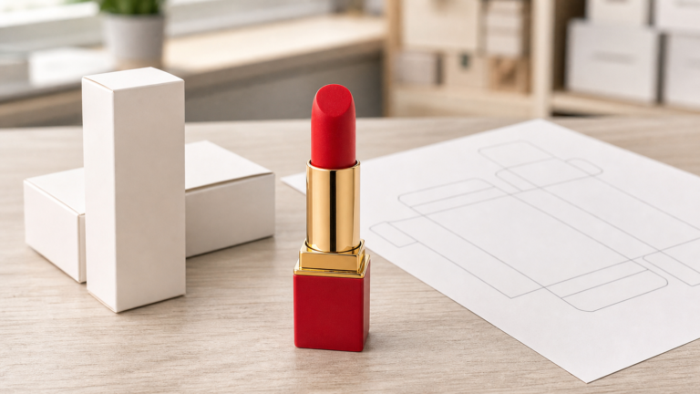 AI-assisted B2B trial-order scene featuring a red lipstick-shaped product-reference sample, plain cartons and a blank packing-layout sheet.