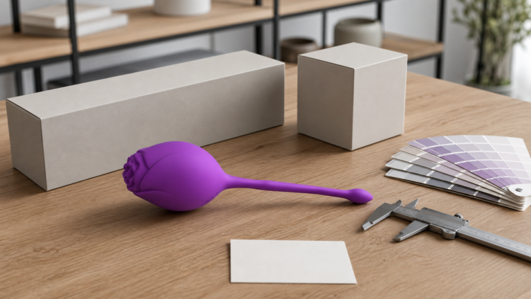 AI-assisted product-development scene with a purple rose-shaped product-reference sample, blank packaging, colour swatches and a caliper.