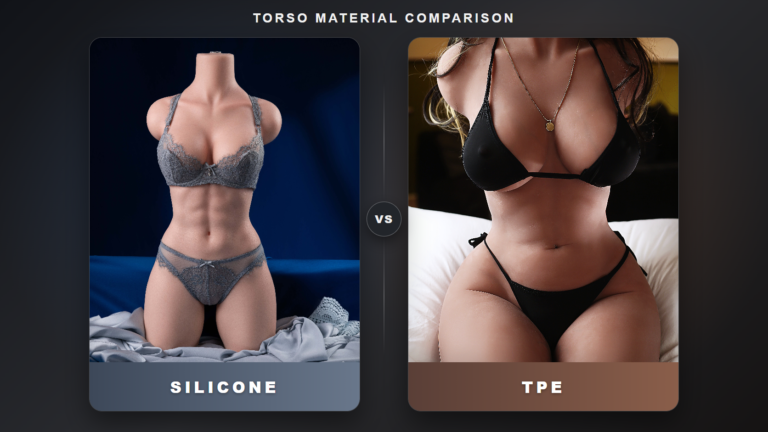 Silicone and TPE half-body torso product references shown side by side for wholesale material comparison.