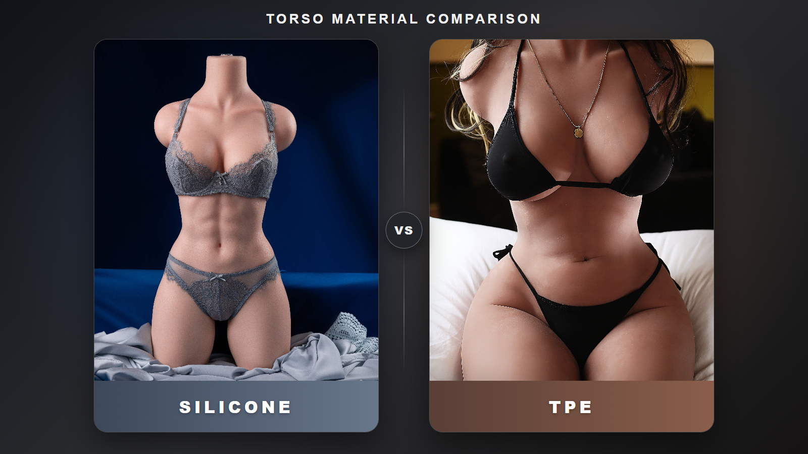 Silicone and TPE half-body torso product references shown side by side for wholesale material comparison.