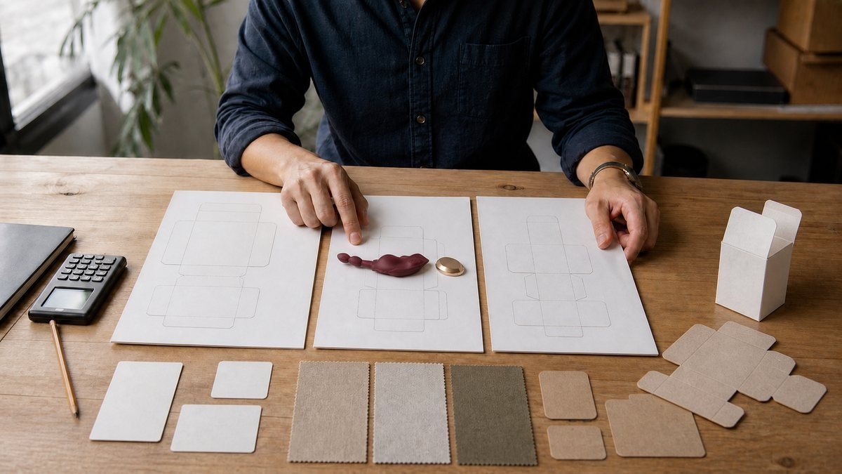 Brand owner comparing one burgundy wearable product sample with private label packaging structures and material swatches
