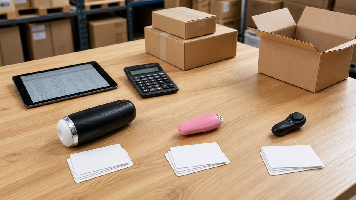 Warehouse assortment table comparing three sex toy samples at their realistic relative sizes for a mixed SKU order