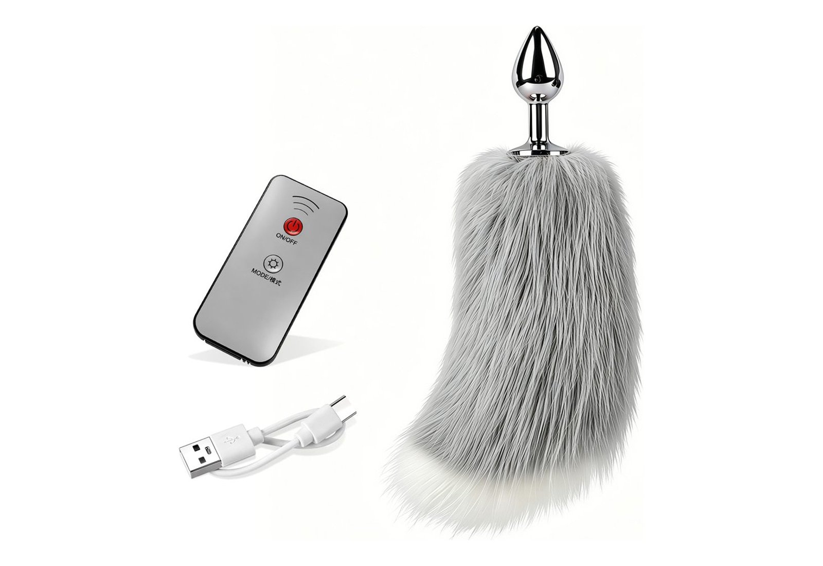 Remote Controlled Gray and White Tail Butt Plug