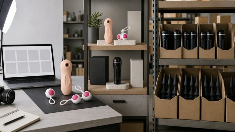 Sex toy assortment planning for ecommerce, boutique retail and distributor replenishment across three channel mixes.
