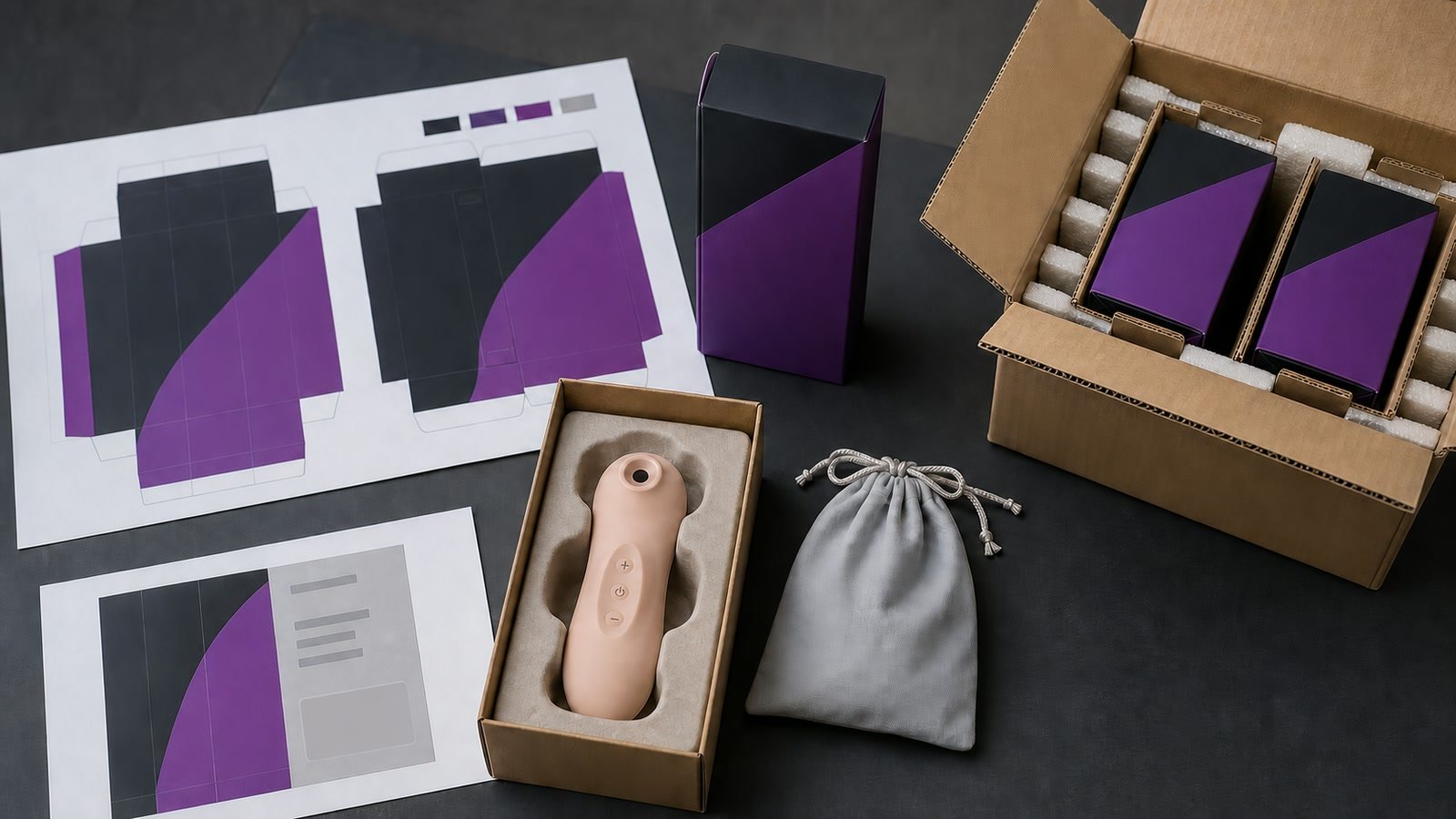 Preprint approval review for sex toy packaging, inner trays, retail information placement and shipping protection.