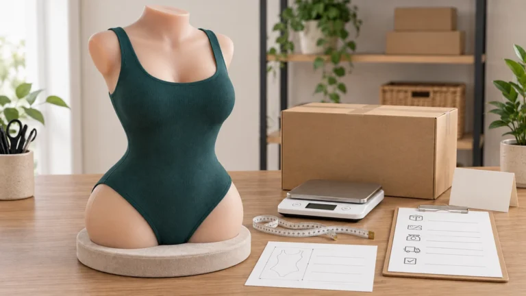 Covered realistic torso product beside a scale, measuring tape, shipping carton and product information checklist