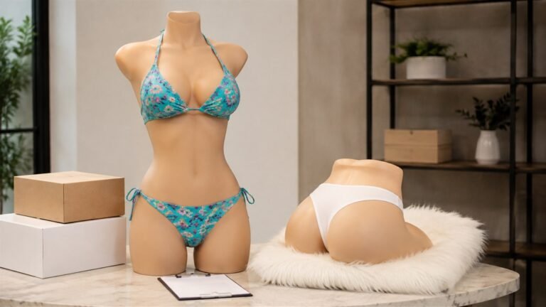 Wholesale sex doll assortment with a covered female torso and compact hip form in a B2B showroom
