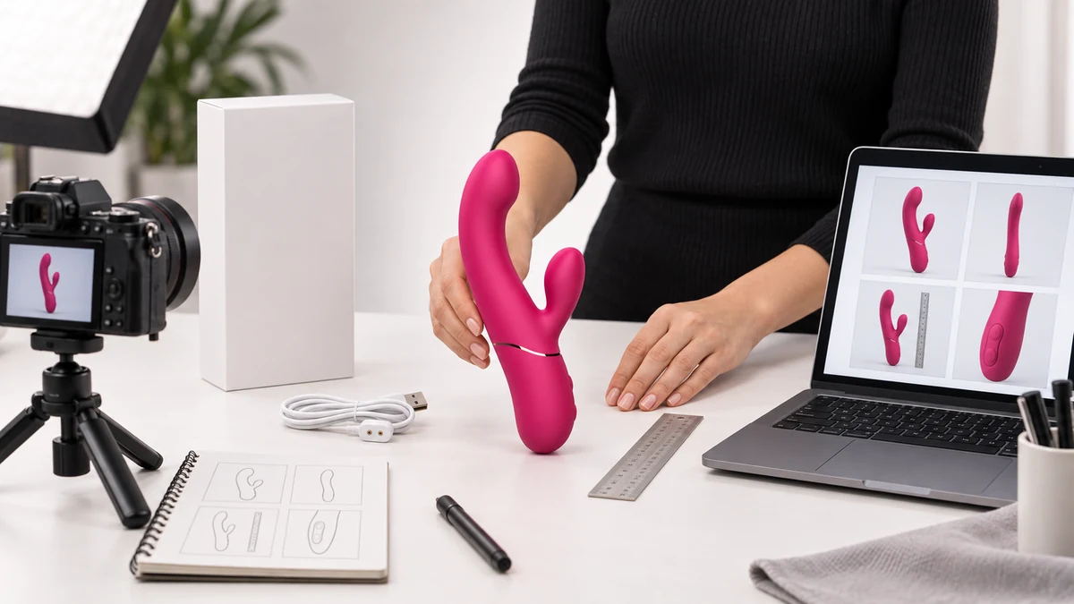 Ecommerce content creator photographing a magenta dual stimulation vibrator with scale, controls and packaging views