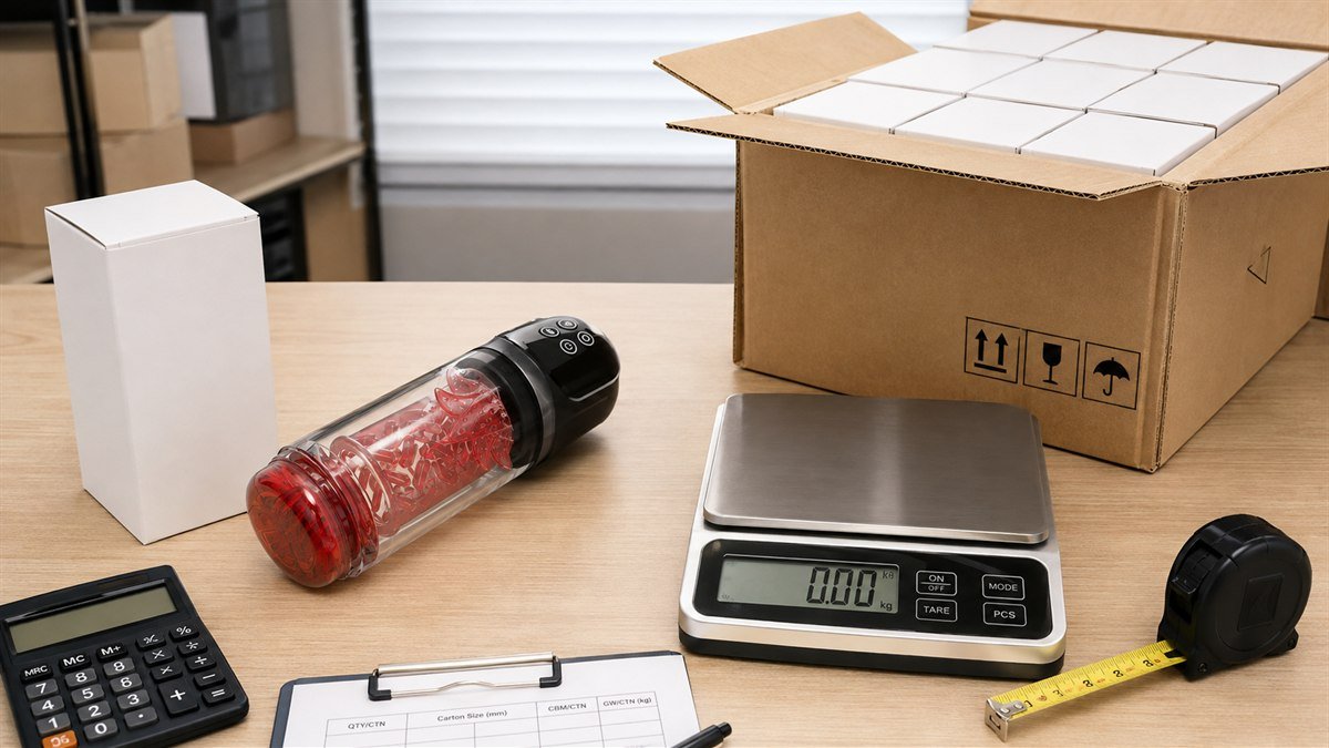 Automatic male masturbator beside packaging, a master carton, scale and tape measure for landed cost planning