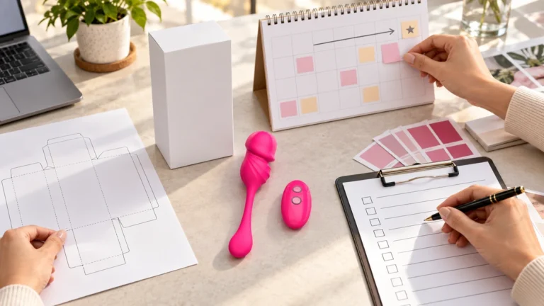 Private label sex toy launch planning with a love egg sample, packaging dieline and backward timeline